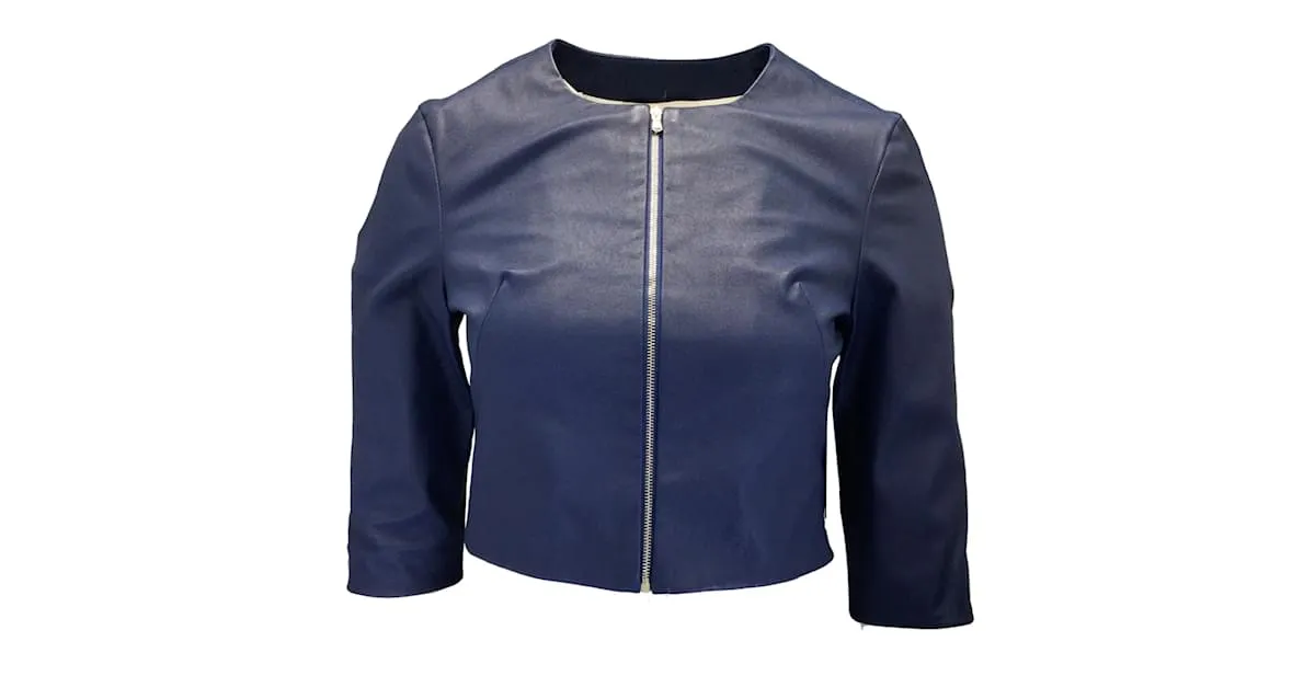 Autre Marque Susan Bender Chaqueta de cuero corta azul sin cuello con cremallera completa 