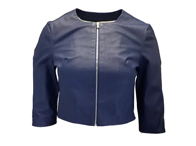 Autre Marque Susan Bender Chaqueta de cuero corta azul sin cuello con cremallera completa 