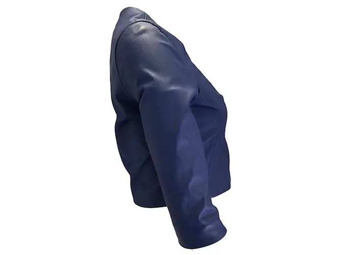 Autre Marque Susan Bender Chaqueta de cuero corta azul sin cuello con cremallera completa 