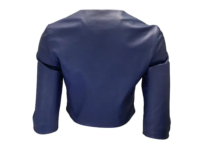 Autre Marque Susan Bender Chaqueta de cuero corta azul sin cuello con cremallera completa 