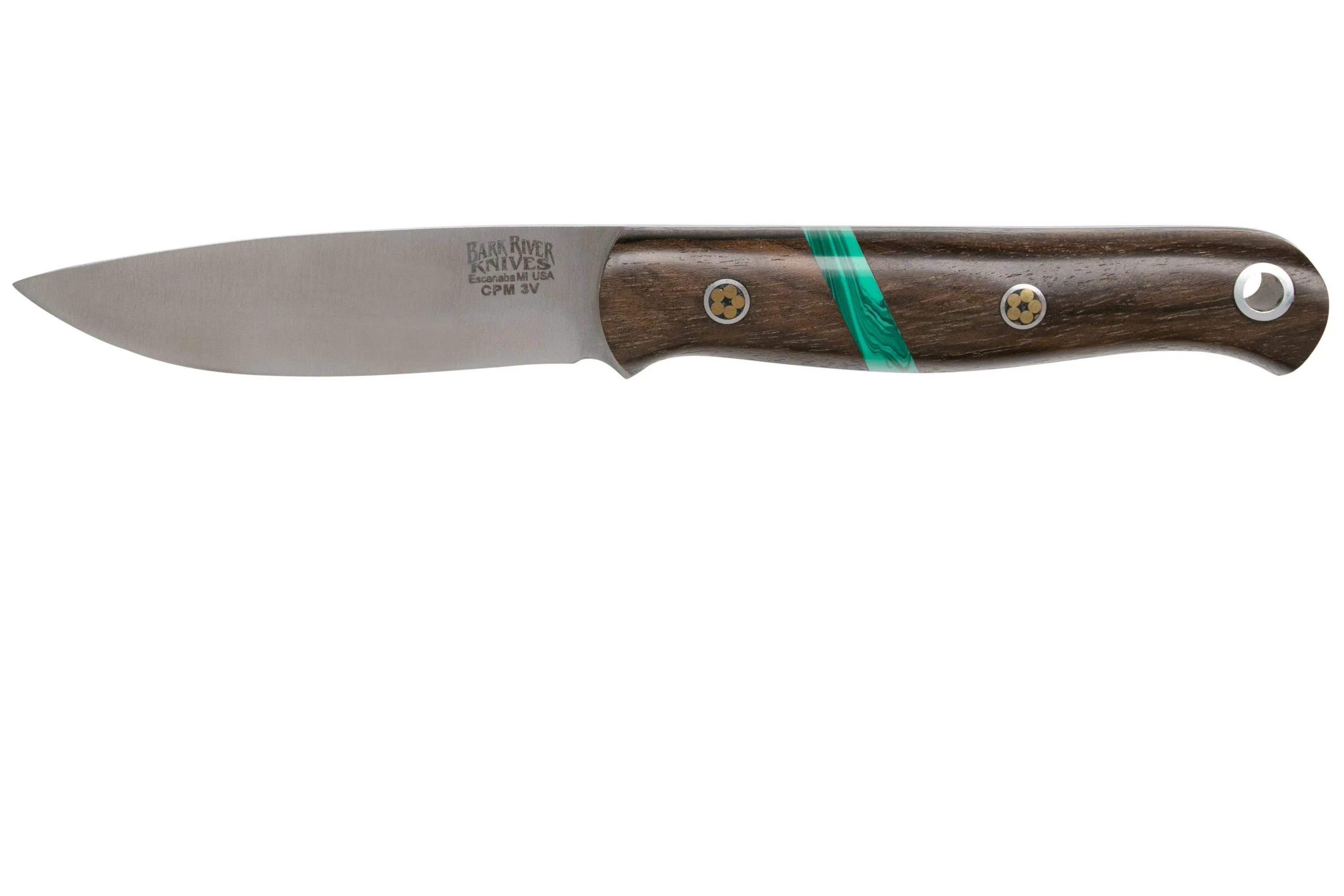 BARK RIVER ULTRALITE BUSHCRAFTER CPM 3V ZERICOTE, JADE MALACHITE SPACER, BLACK LINERS, MOSAIC PINS