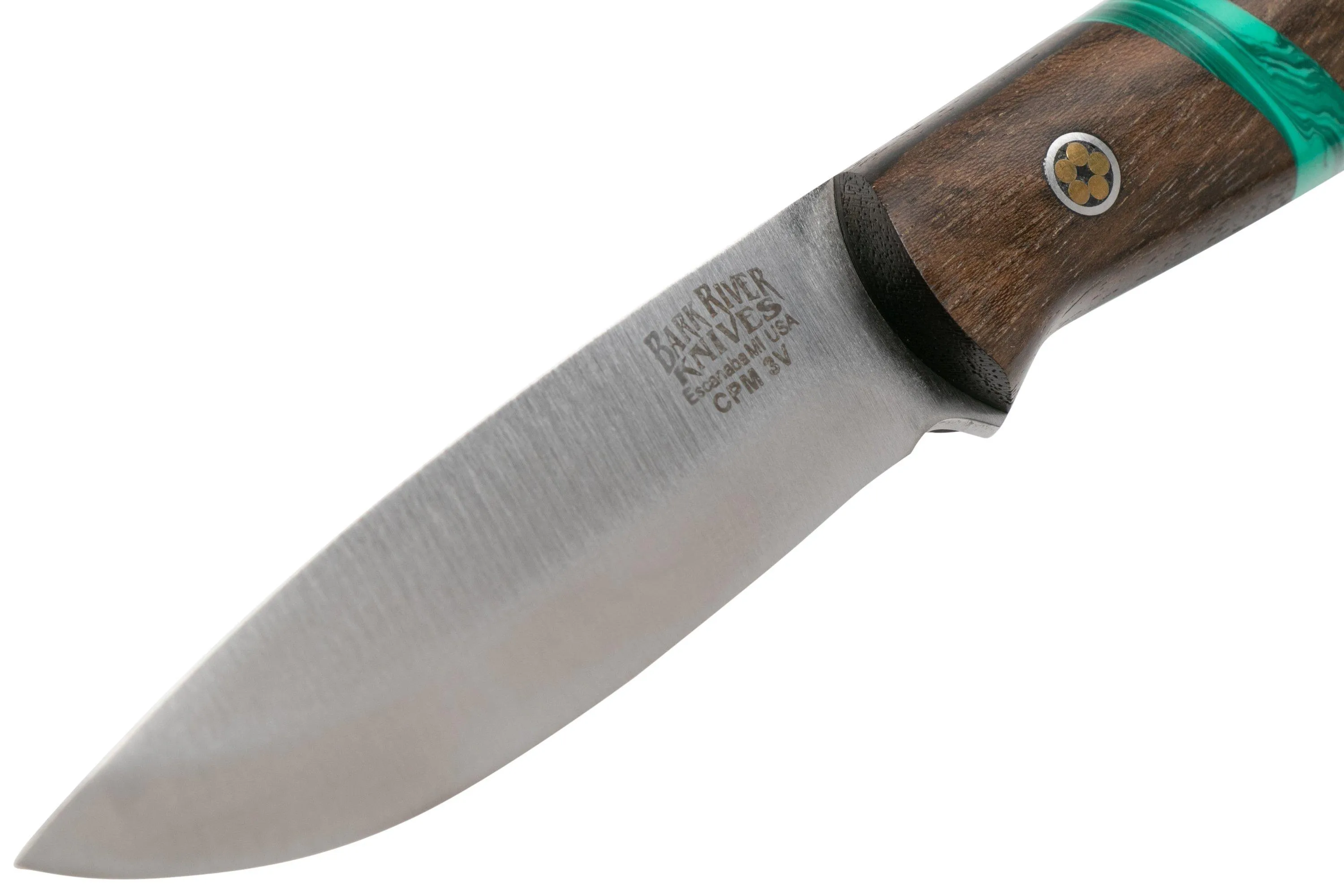 BARK RIVER ULTRALITE BUSHCRAFTER CPM 3V ZERICOTE, JADE MALACHITE SPACER, BLACK LINERS, MOSAIC PINS