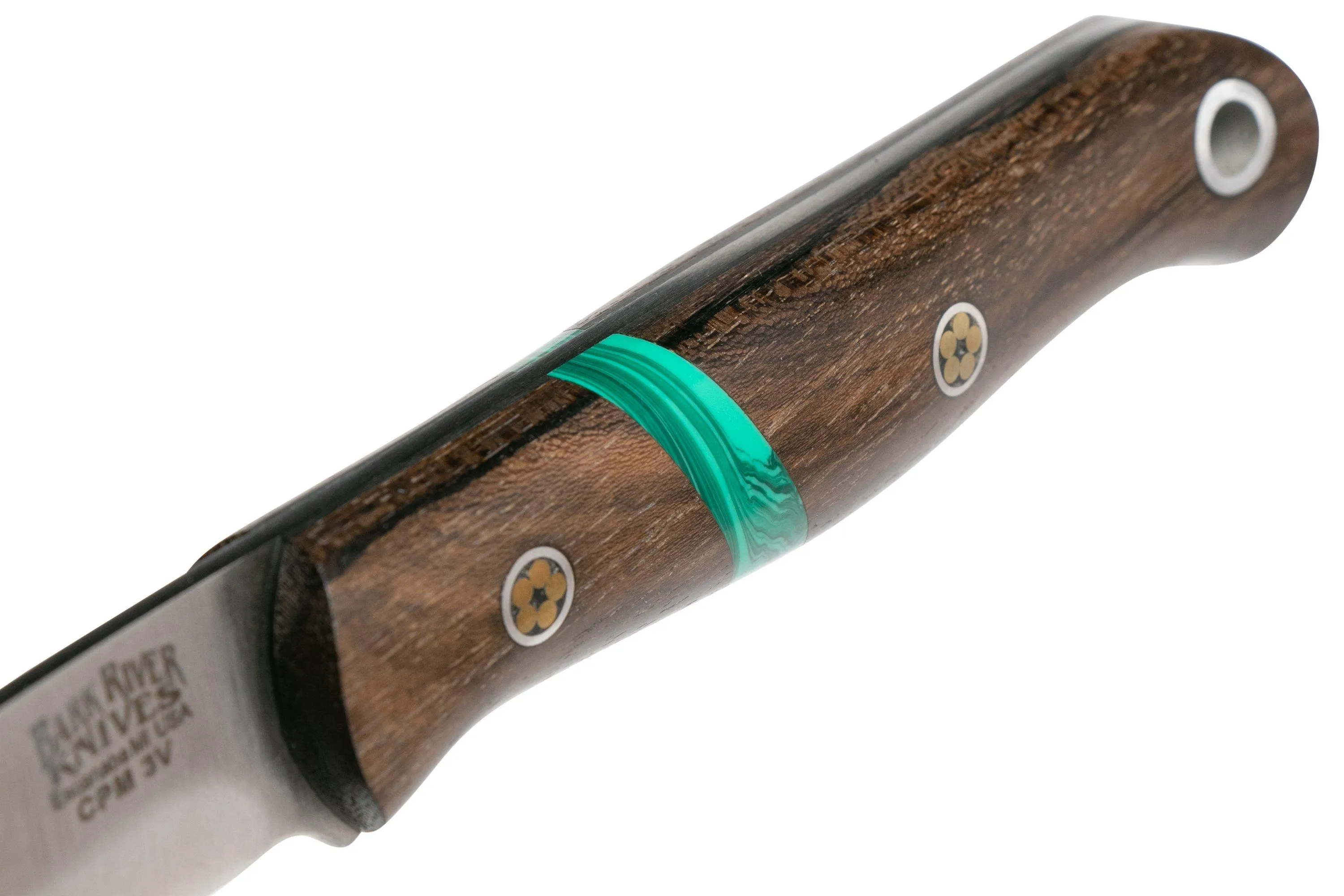 BARK RIVER ULTRALITE BUSHCRAFTER CPM 3V ZERICOTE, JADE MALACHITE SPACER, BLACK LINERS, MOSAIC PINS
