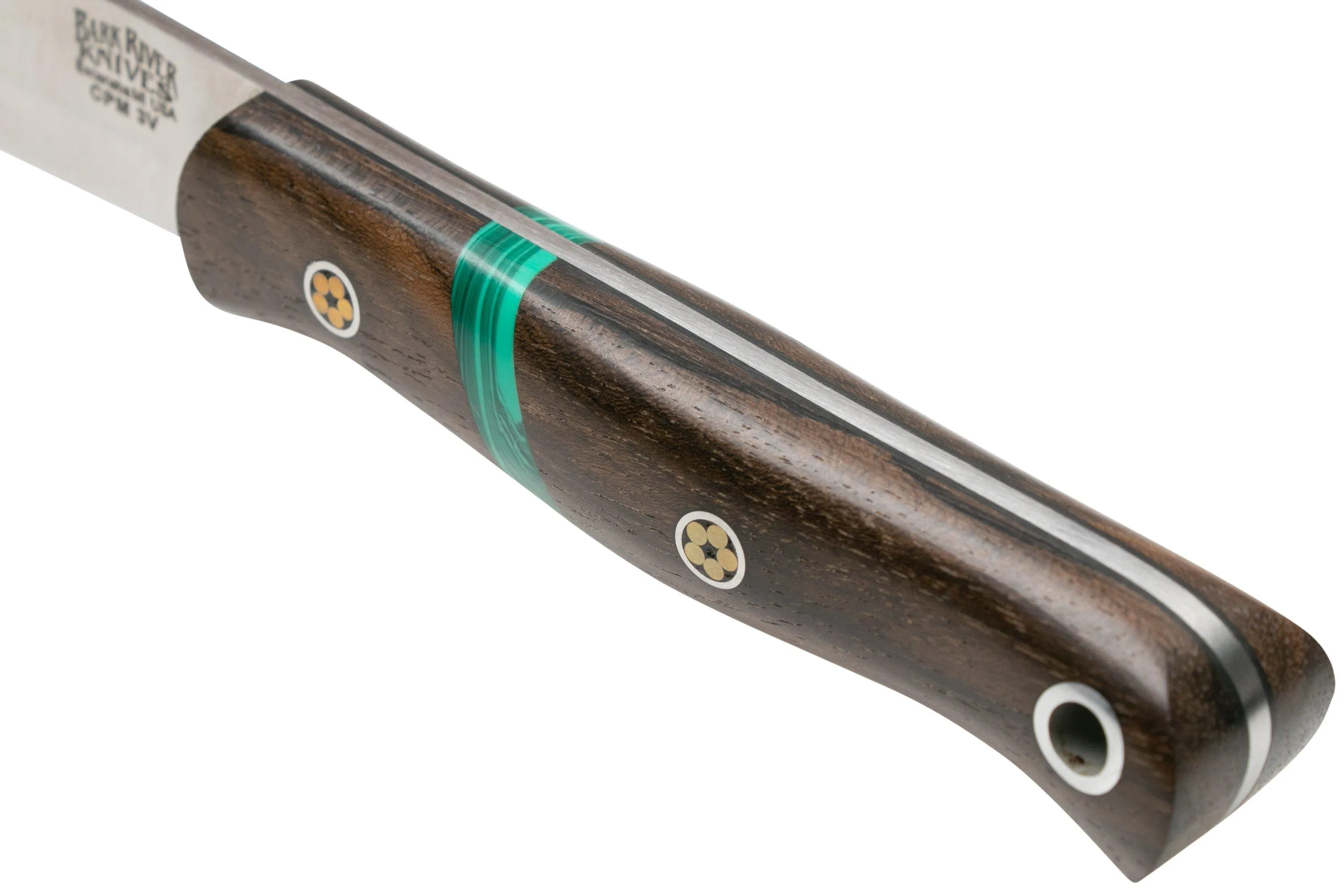 BARK RIVER ULTRALITE BUSHCRAFTER CPM 3V ZERICOTE, JADE MALACHITE SPACER, BLACK LINERS, MOSAIC PINS