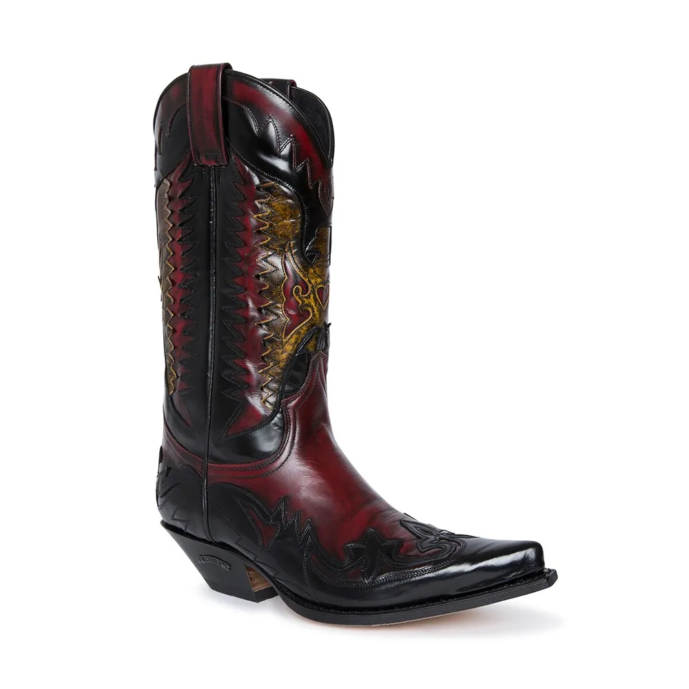 Botas Sendra 3840 Cuervo Western para hombre en cuero negro y rojo