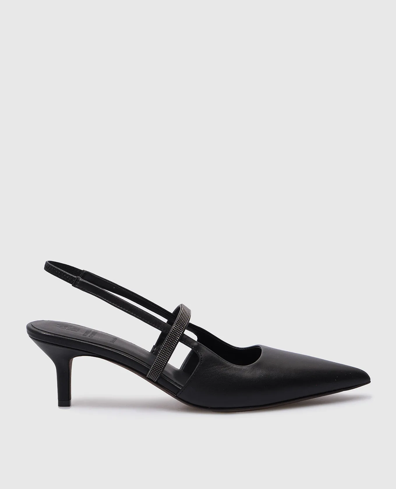 Brunello Cucinelli Black leather slingbacks with monil chain
