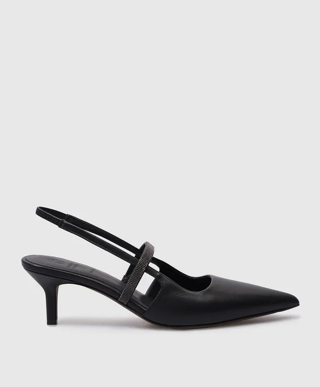 Brunello Cucinelli Black leather slingbacks with monil chain