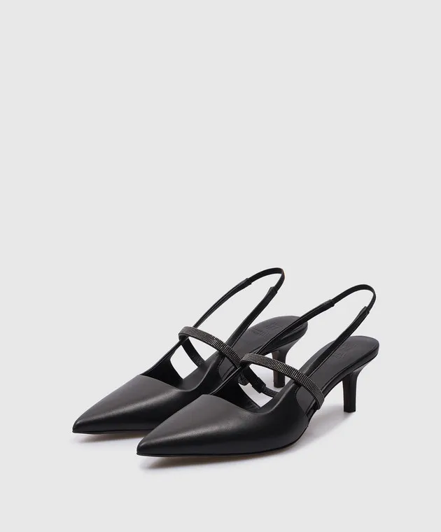 Brunello Cucinelli Black leather slingbacks with monil chain