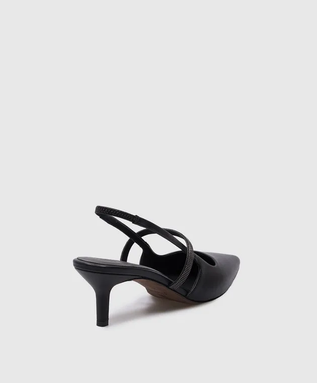 Brunello Cucinelli Black leather slingbacks with monil chain