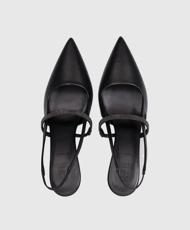 Brunello Cucinelli Black leather slingbacks with monil chain