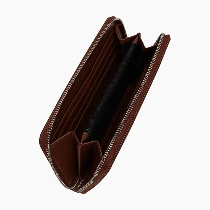 Cartera piel sintética y tejido de goma con cremallera marrón oscuro metal O wally