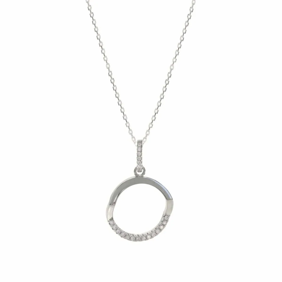 Colgante brillante de plata con diseo geométrico circular desigual y detalle de circonitas