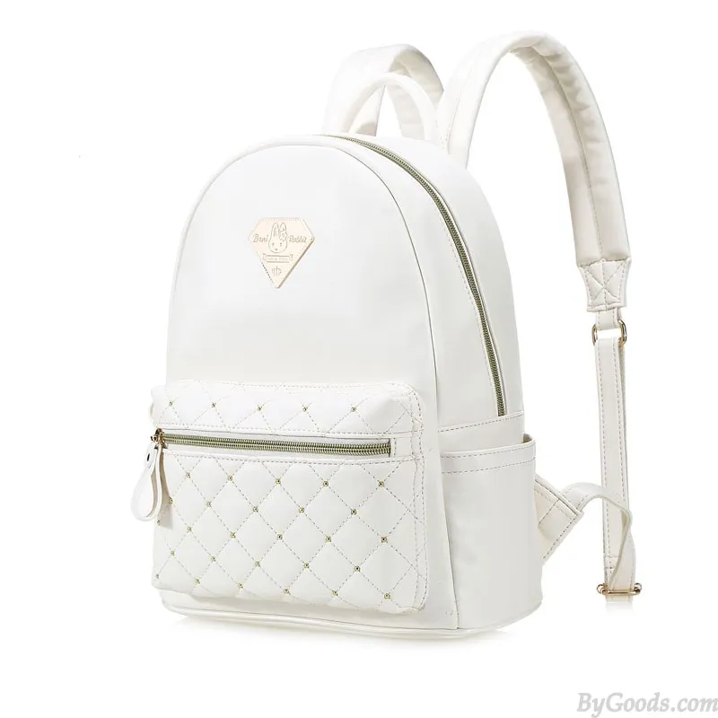 Diamond Grid Casual Simple Solid PU College Backpack School Bag