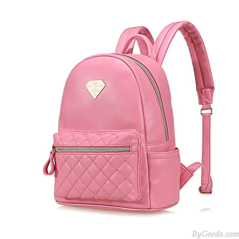 Diamond Grid Casual Simple Solid PU College Backpack School Bag