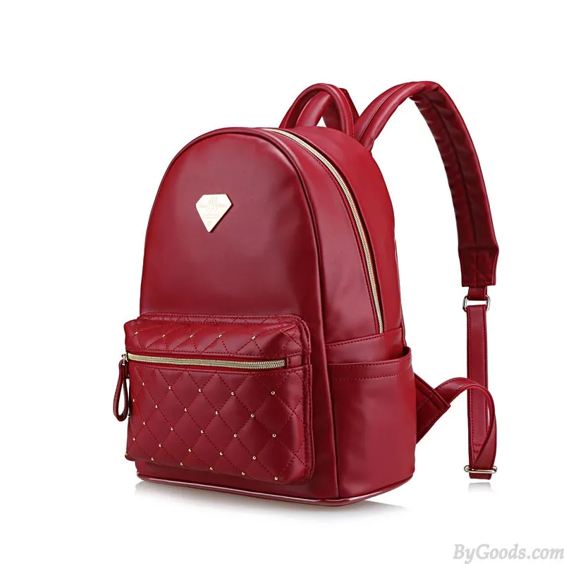 Diamond Grid Casual Simple Solid PU College Backpack School Bag