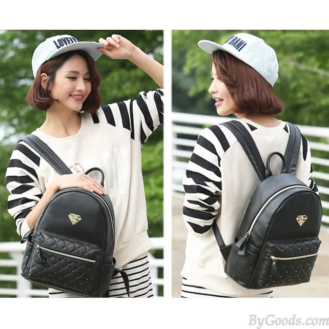Diamond Grid Casual Simple Solid PU College Backpack School Bag