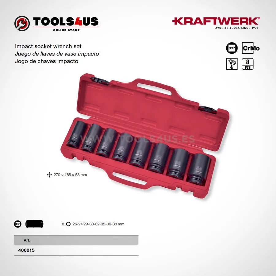Juego de llaves de vaso impacto  3/4” Largos (8 piezas)