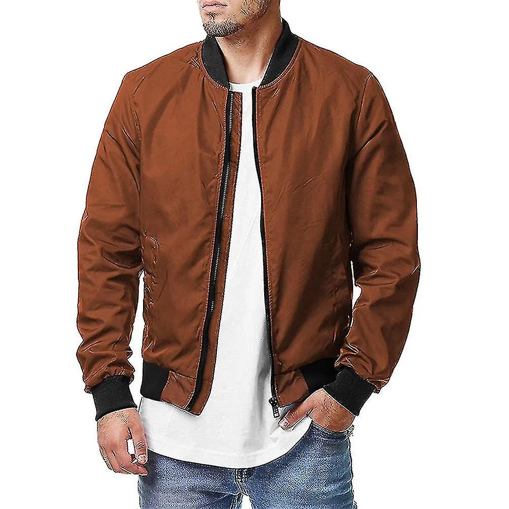 MEN CLASSIC BOMBER JACKET LONG SLEEVE CASUAL ZIP UP COAT OUTWEAR TOPSMCARAMEL