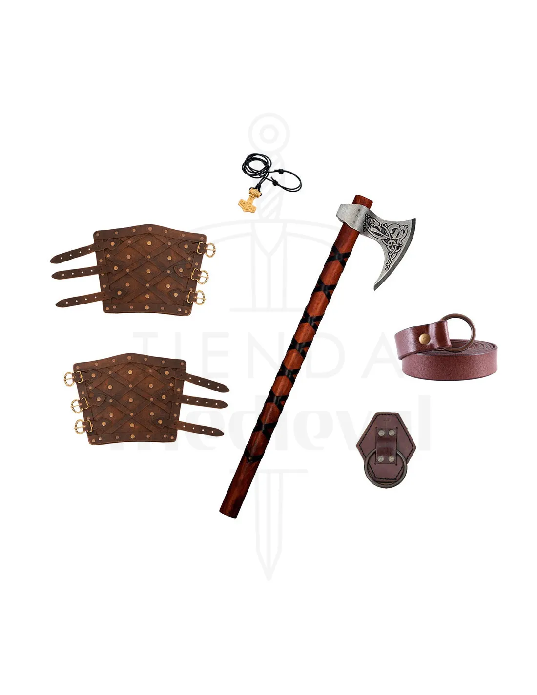 Pack vikingo Rey Ragnar: Hacha, colgante, cinturón, tahalí y brazaletes