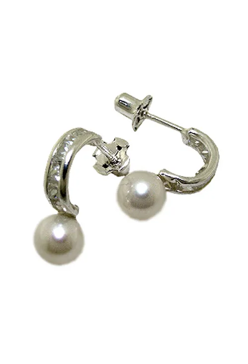 Pendientes plata tipo arete con circonitas y perlas 030_2101PL