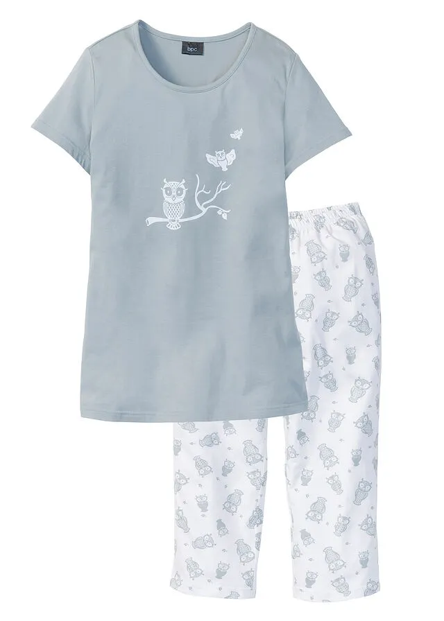 PIJAMA CAPRI CON MANGAS CORTAS GRIS PLATEADOBLANCO
