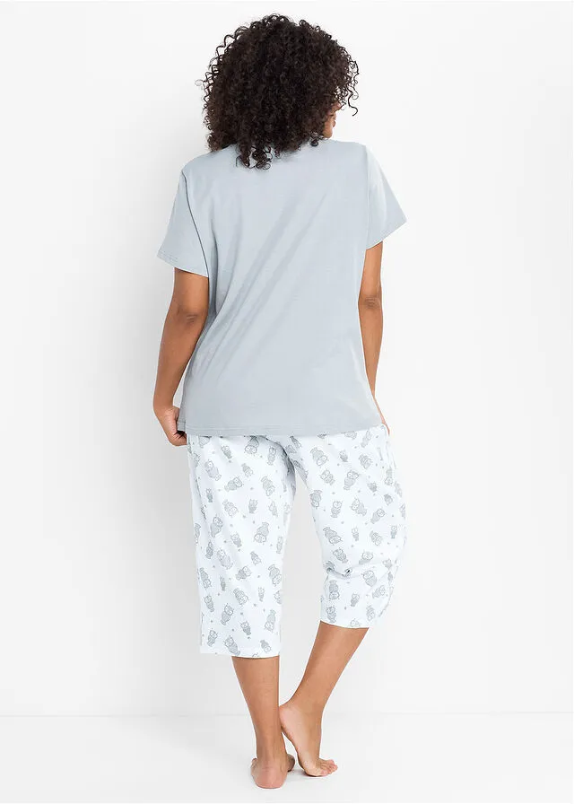 PIJAMA CAPRI CON MANGAS CORTAS GRIS PLATEADOBLANCO
