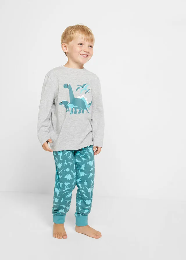 PIJAMA PARA NIñO (CONJUNTO DE 4 PIEZAS) TURQUESA COBALTO MATEGRIS CLARO JASPEADO ESTAMPADO