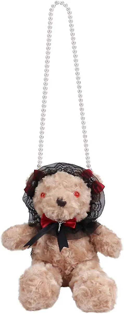 Plush Satchel Bag Gothic Style Bear Shoulder Bag Pearl Chain Decor Lolita Cosplay Purse