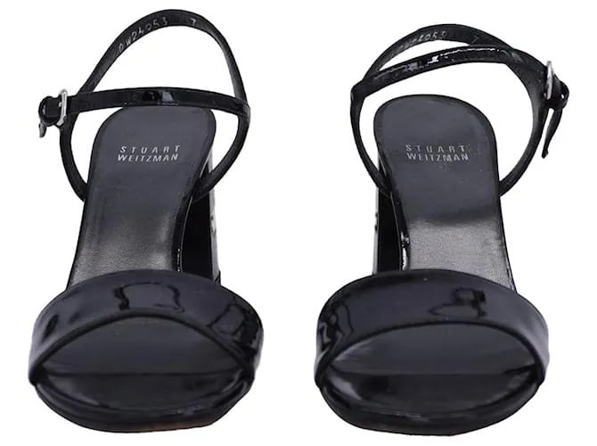 Sandalias de tira en el tobillo Stuart Weitzman en cuero negro brillante 