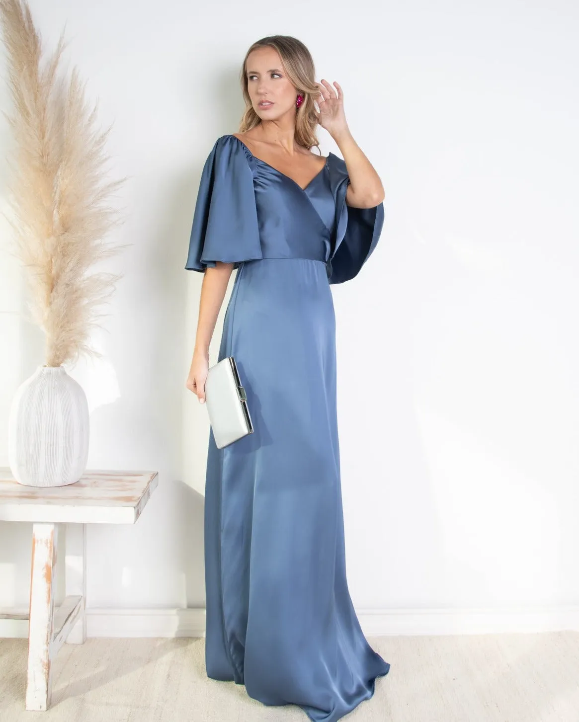 Vestido Largo de Fiesta Anahi Satín Azul Piedra
