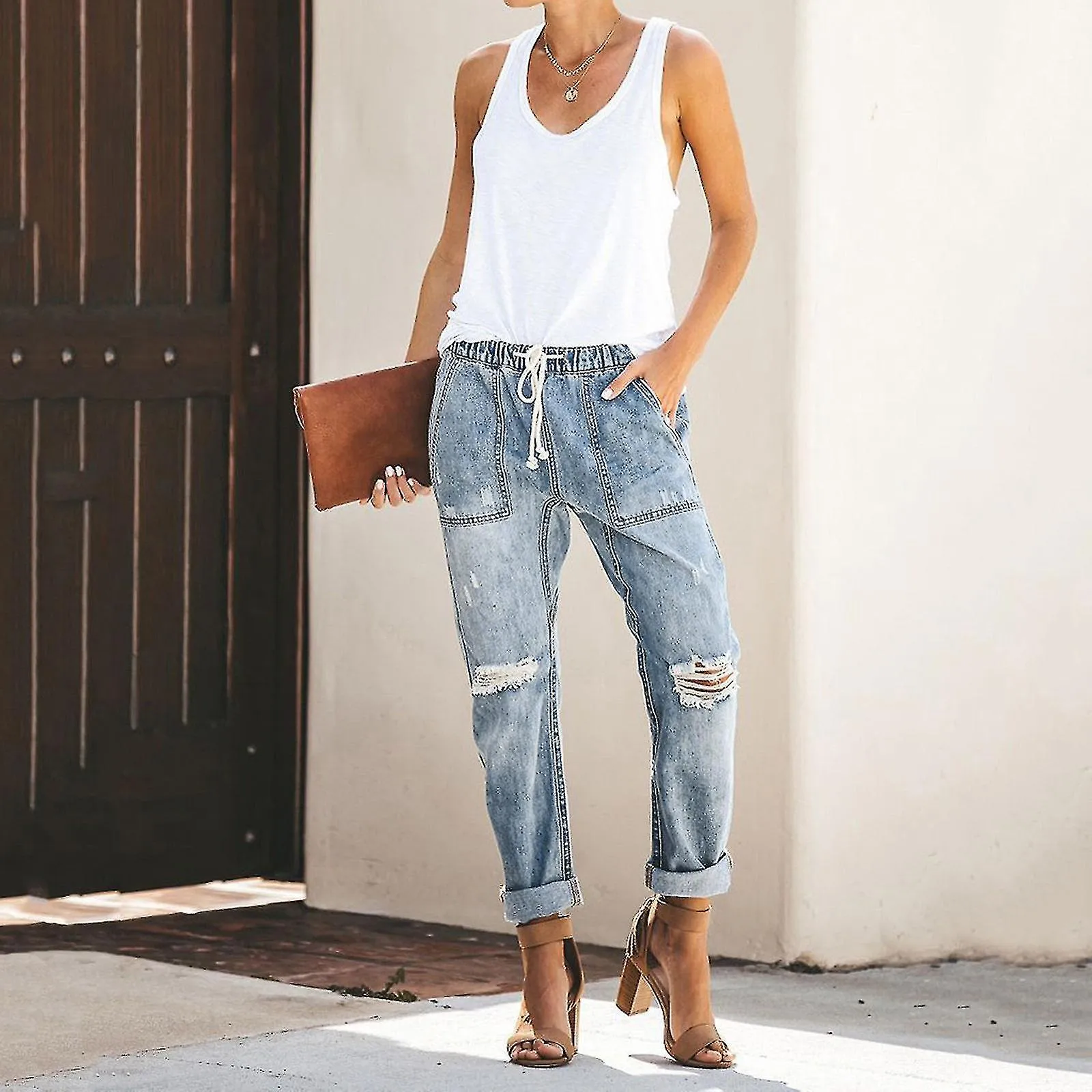 WOMEN PULLON DISTRESSED DENIM JOGGERS ELASTIC WAIST STRETCH PANTS