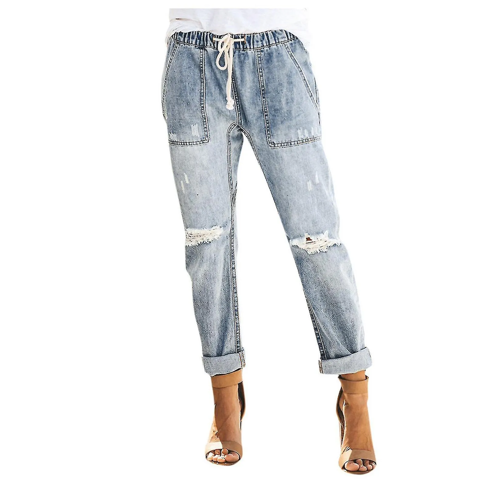 WOMEN PULLON DISTRESSED DENIM JOGGERS ELASTIC WAIST STRETCH PANTS