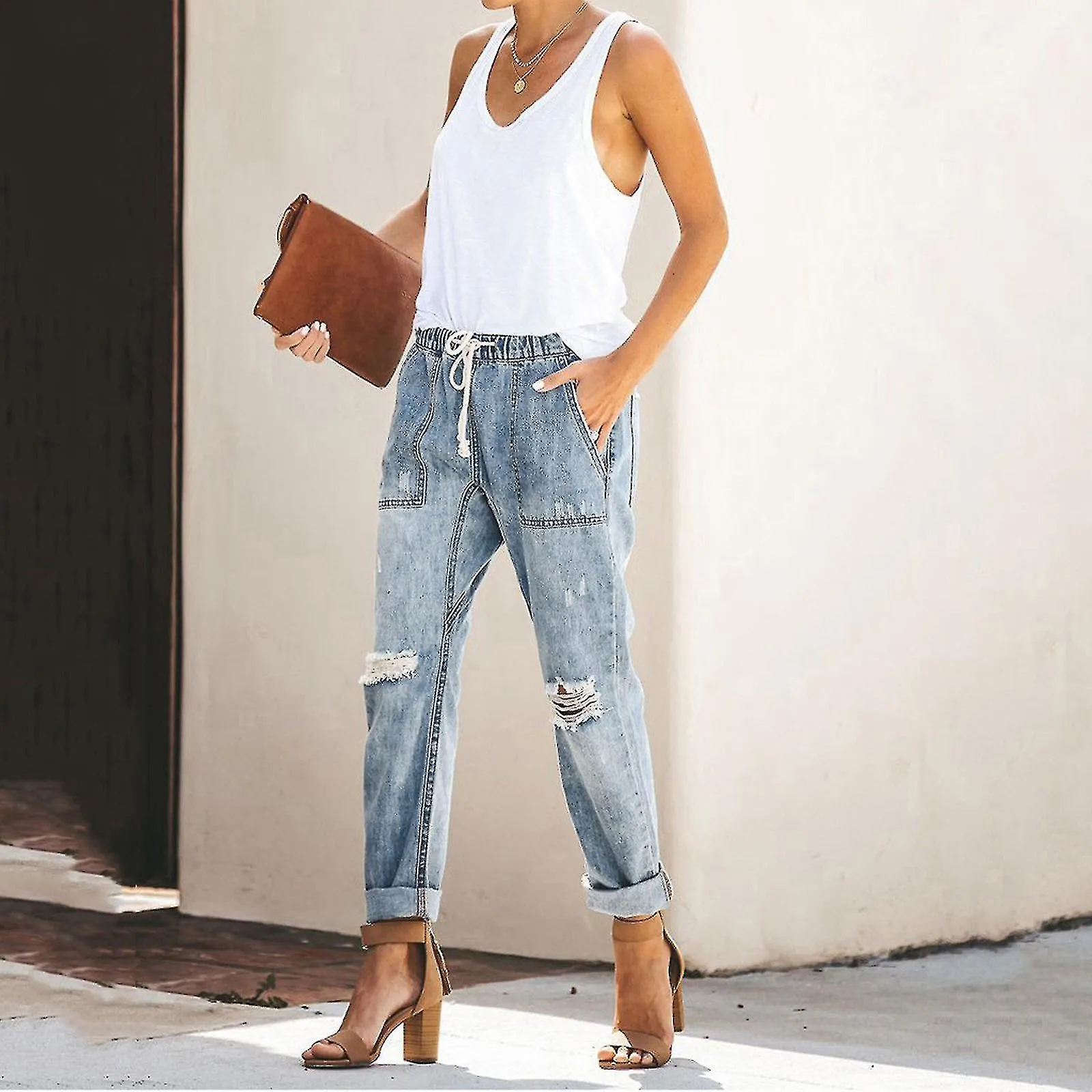 WOMEN PULLON DISTRESSED DENIM JOGGERS ELASTIC WAIST STRETCH PANTS