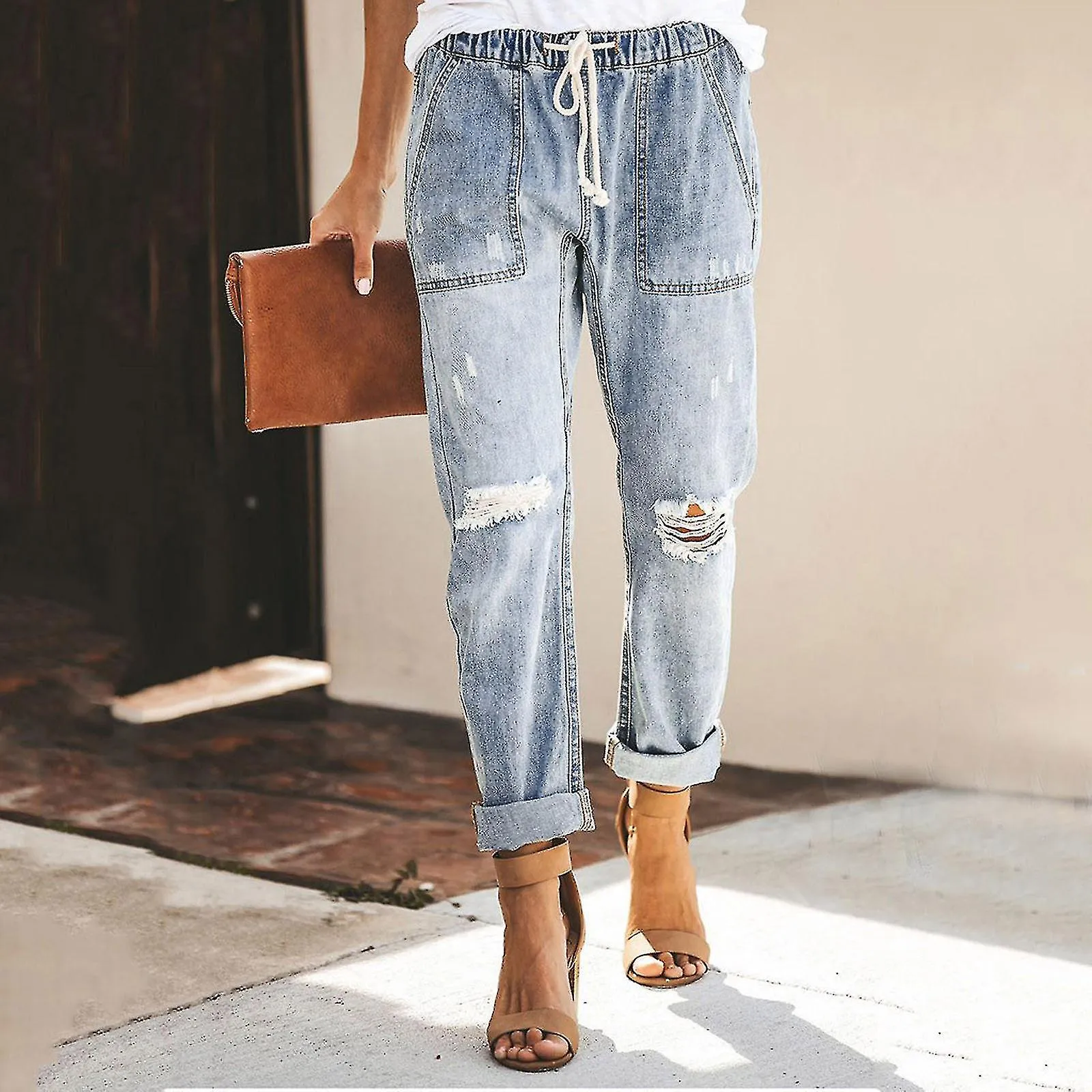 WOMEN PULLON DISTRESSED DENIM JOGGERS ELASTIC WAIST STRETCH PANTS