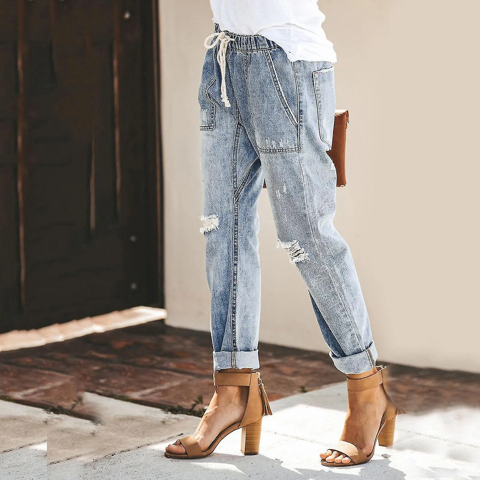 WOMEN PULLON DISTRESSED DENIM JOGGERS ELASTIC WAIST STRETCH PANTS