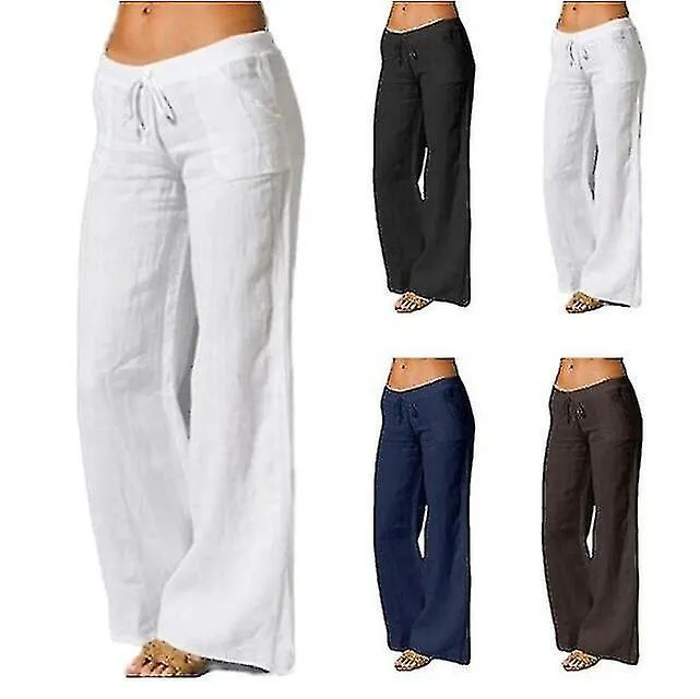 WOMEN'S COTTON LINEN WIDE LEG PANTS SOLID CASUAL ELASTIC WAIST LONG TROUSERSEYZI